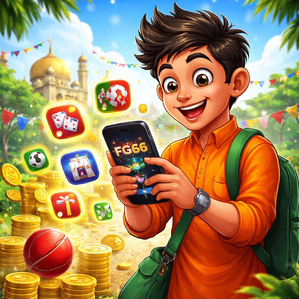 Cartoon mobile gamer holding a phone with FG66 app icons, coins, and casino lights