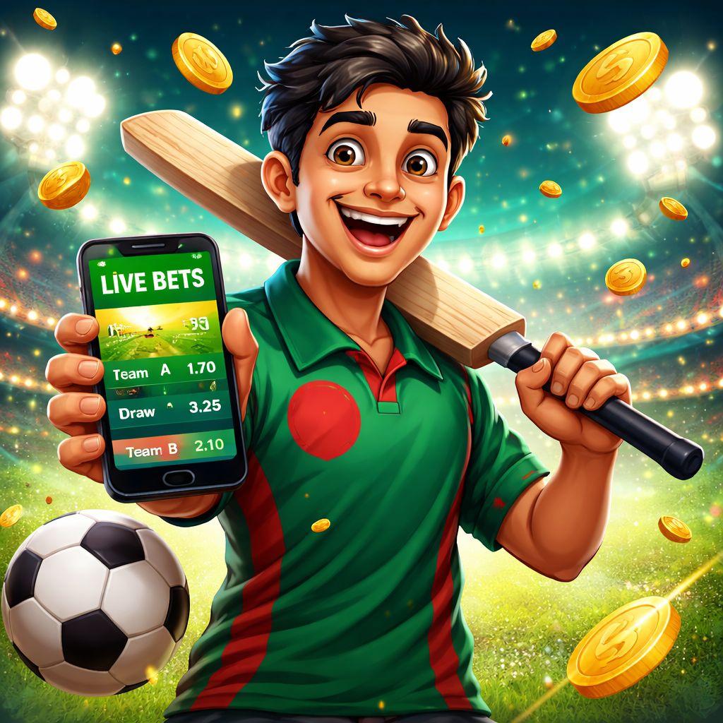 Cartoon sports bettor checking live odds on a phone with cricket and football elements