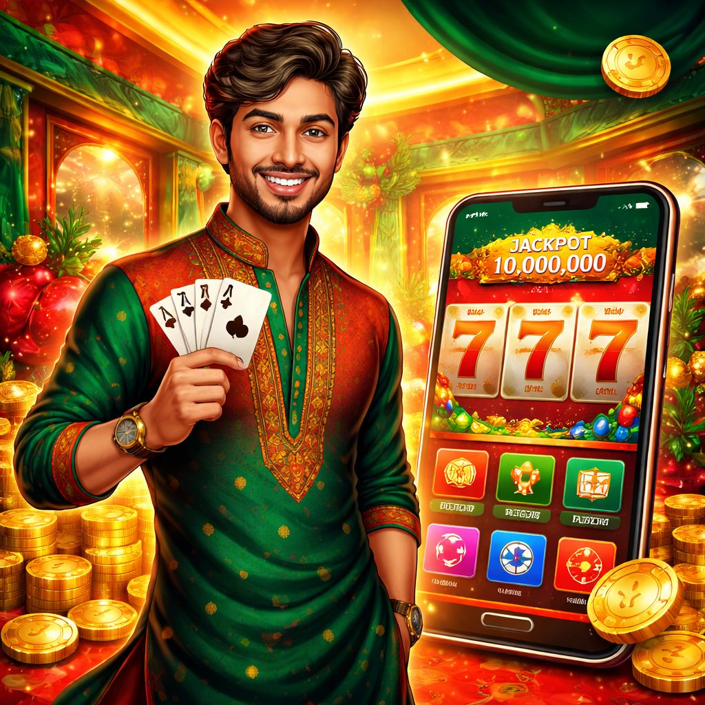 FG66 Casino cartoon player celebrating wins with cards, chips, and slot reels