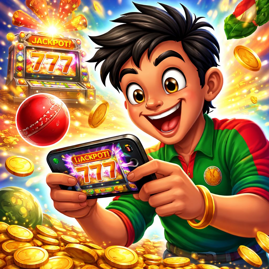 FG66 cartoon player celebrating casino wins with coins and smartphone in Bangladesh