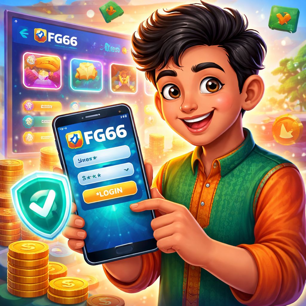 Cartoon mobile gamer securely logging in to FG66 with a phone, shield, and reward coins