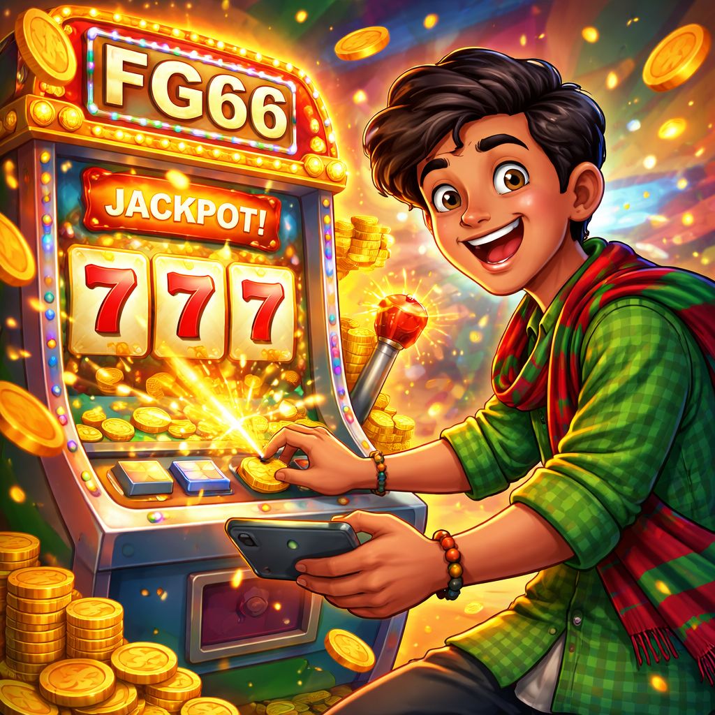 FG66 cartoon slot player celebrating a jackpot with coins and reels